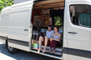 Alex and Tina perch on their porch #vanlife